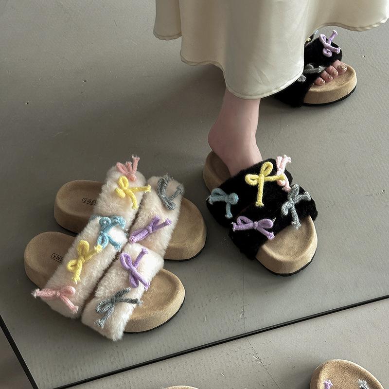 Design sense versatile color matching bow slippers autumn fashion Korean version one word non-slip casual shoes girls hair drag