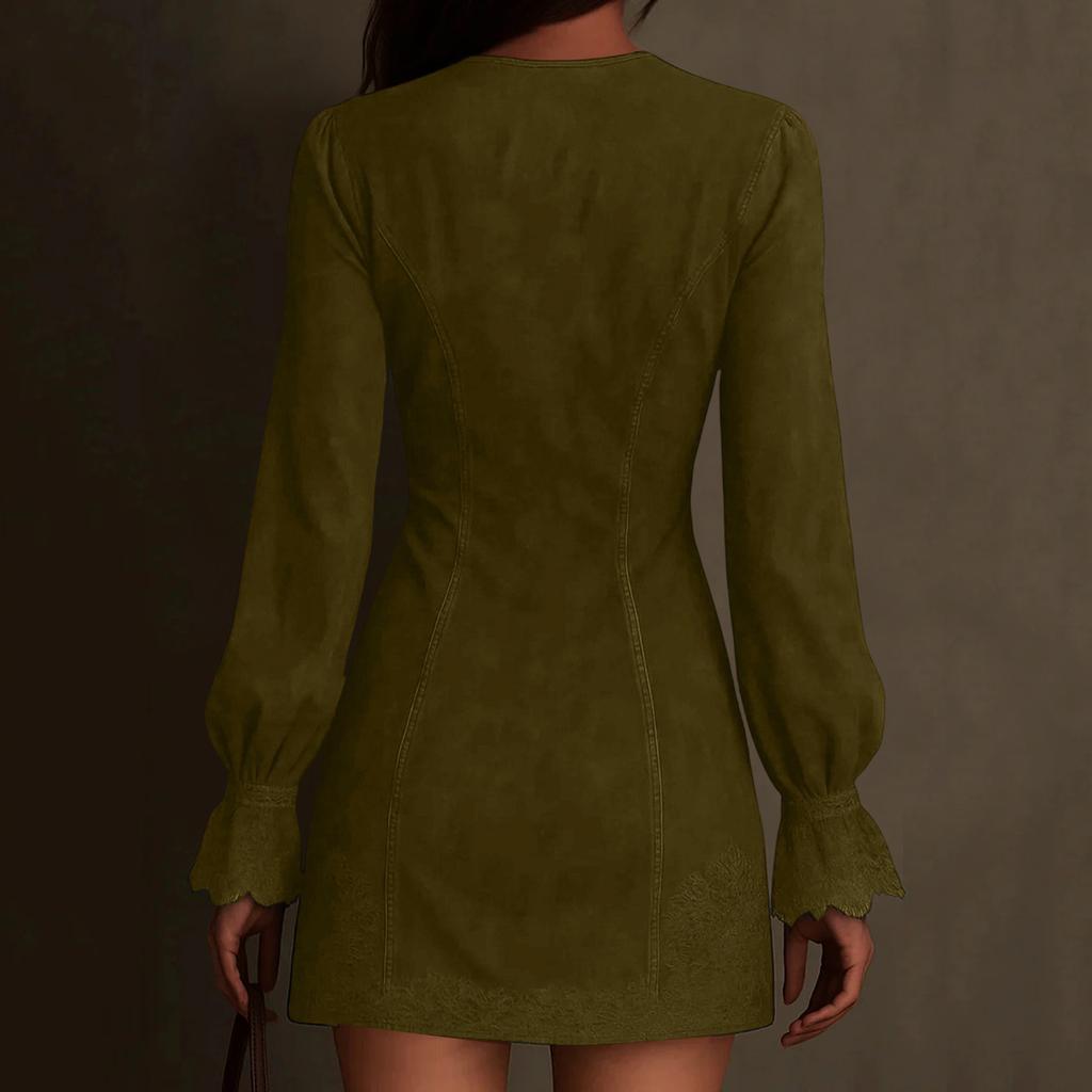 Abito da donna in camoscio scollo a V cerniera pizzo manica lunga tinta unita abito vintage