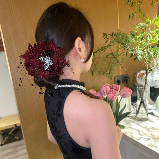 Peony Feather Tassel Hair Claw Women Girls High Cap Bone Design Hairpin Sturdy Shark Clip Hair Accessory