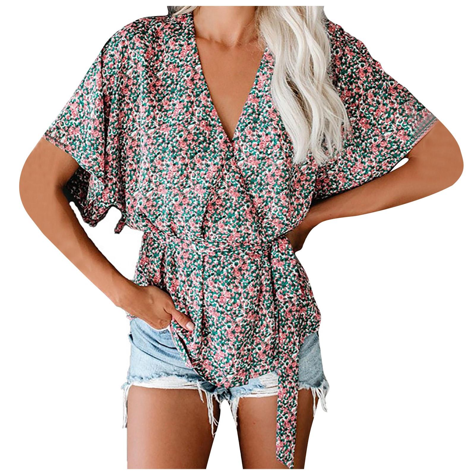 

(SU)Женская летняя мода с цветочным принтом и коротким рукавом, пуловер, футболка