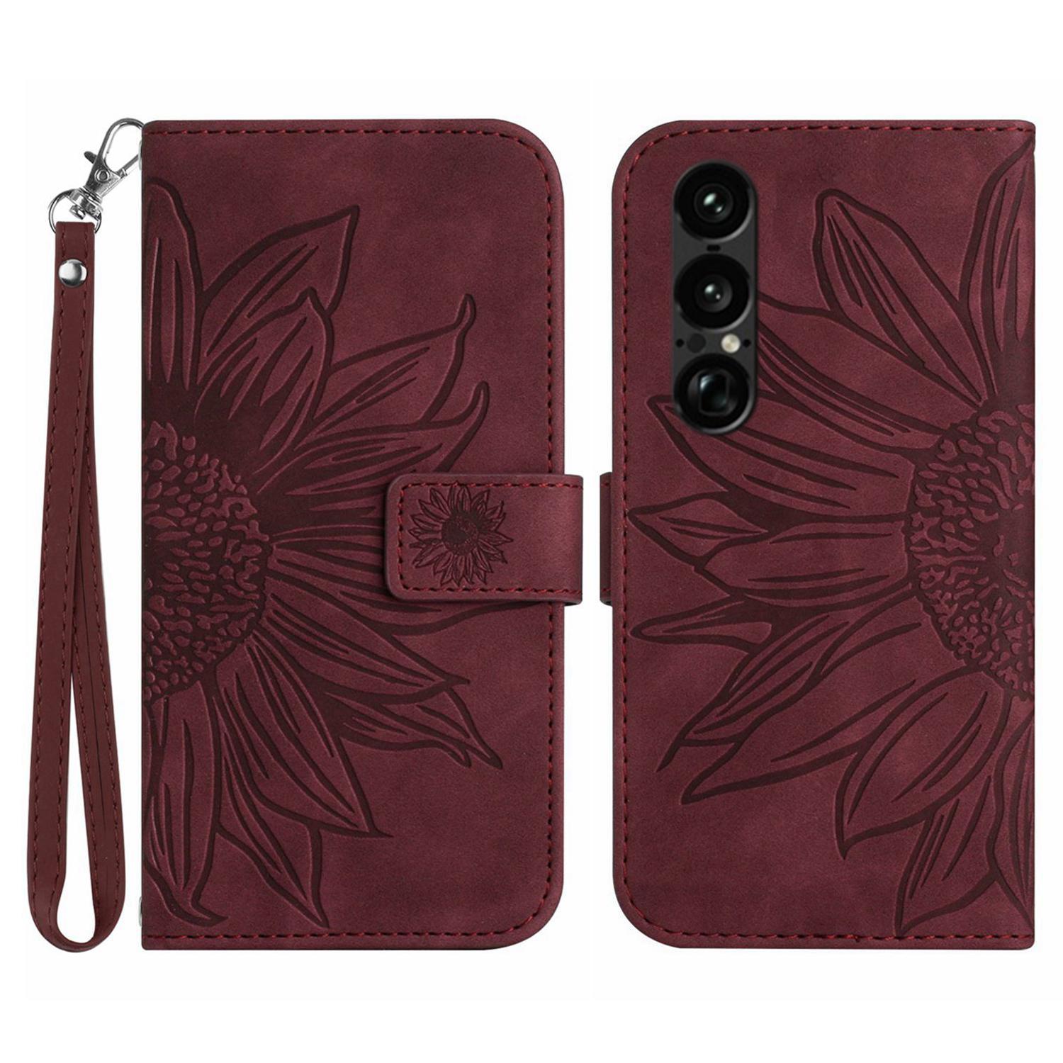 

For Sony Xperia 1 VII Case Sunflower Imprint Leather Wallet Phone Cover with Wrist Strap Wine Red