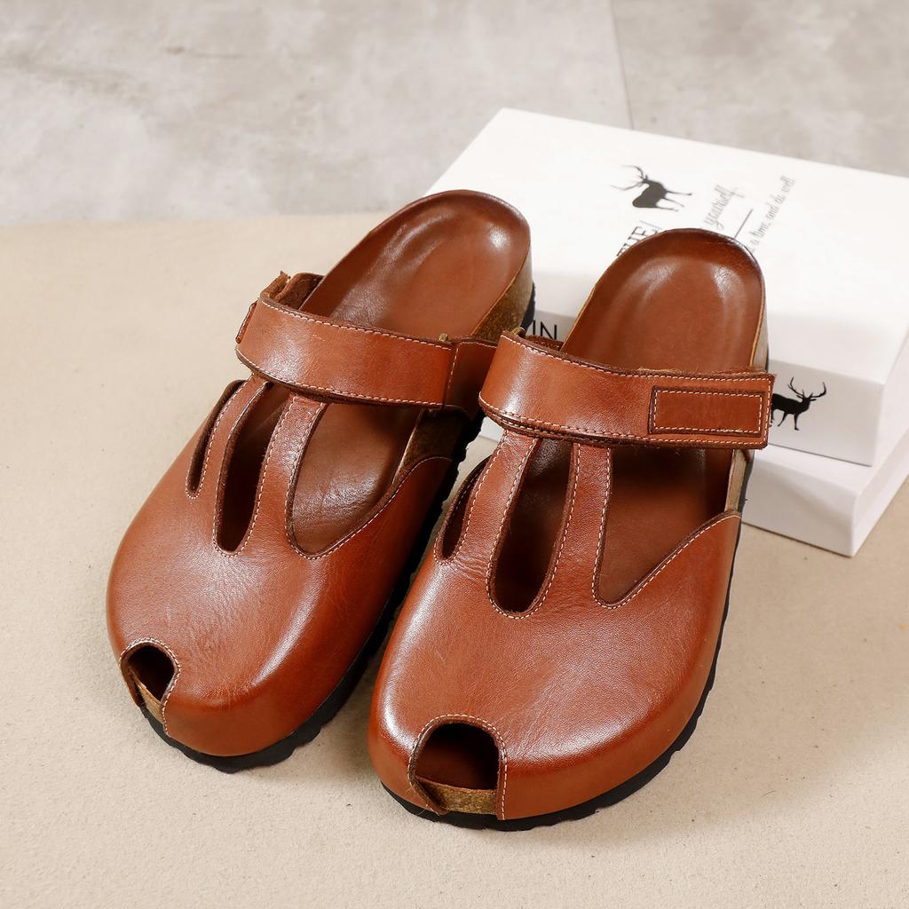 Johnature Versatile Outdoor Slippers Casual Genuine Leather Peep Toe Thick Soled Women's Slip-on Shoes