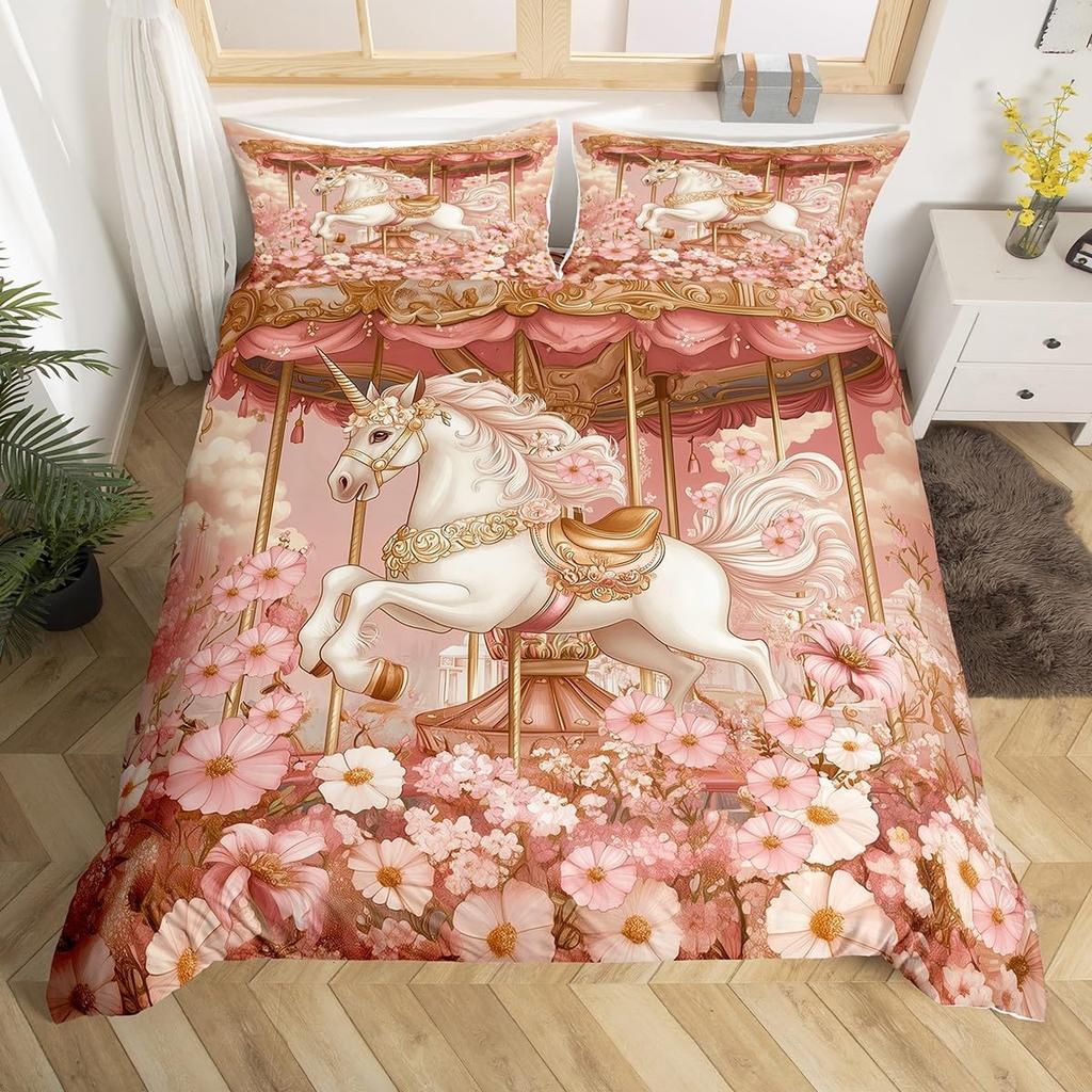 Children Kids Unicorn Soft Duvet Cover Single Quen King, Adorable Lovely Cat Carton Warm Comforter Cover featuring 2 Pilowcase Fish Scale Beding Set