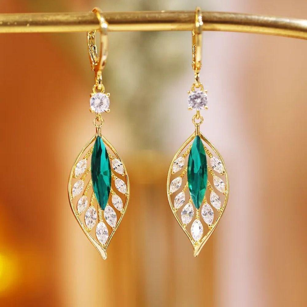 Green Leaf Hoop Earrings Elegant Ear Buckle Stylish Ear Jewelry  Female