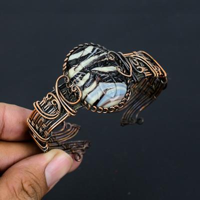 Natural Carved Sulemani Agate Gemstone Copper Wire Wrap Bangle Adjustable Y1Z65