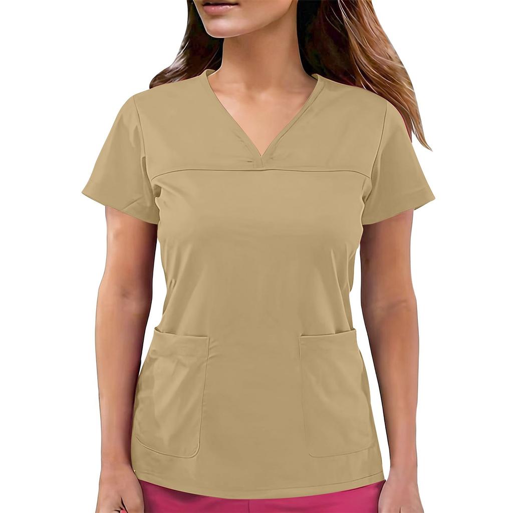 Top de uniforme de cuidador de manga corta con cuello en V de color para mujer con bolsillos de color