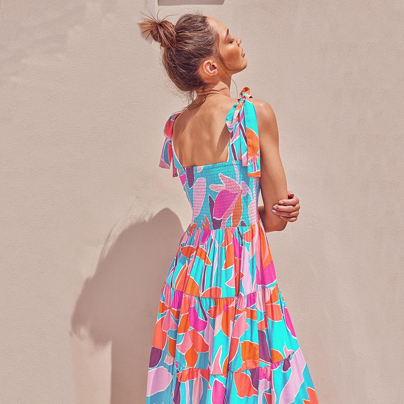 Vestido longo com estampa floral para mulheres, decote quadrado, cintura alta, sem mangas, vestido longo de verão, férias, praia, vestido respirável, fino, macio e confortável