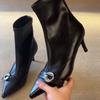 Niche Design Belt Buckle Pointed Head Thin Heel Short Boots Women's 2025 Autumn and Winter New Thin Rear Zipper High Heel Fashion Boots