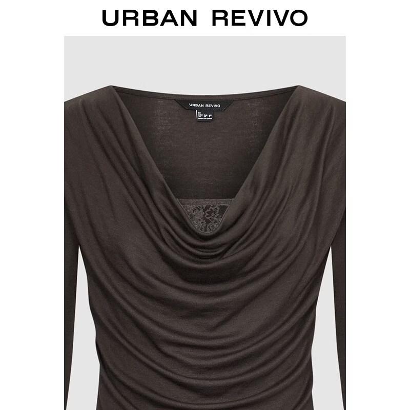 UR 2026 Spring Lace Splice Cowl Neck Pleated Slim Fit T-shirt