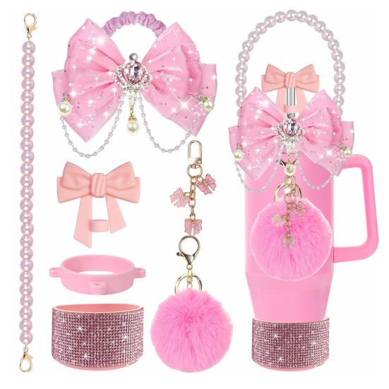 1 Set Tassenmanschette Funkelnde Strasssteine Imitierte Perlen Schleifen-Dekor Tassenzubehör mit Silikon-Bodenprotektor