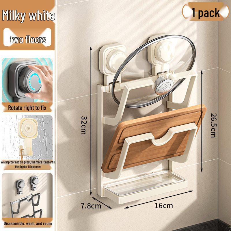 

Punch-Free Wall-Mounted Kitchen Rack: No-Drill Storage for Chopping Boards and Pots, Multifunctional with Suction Cups.