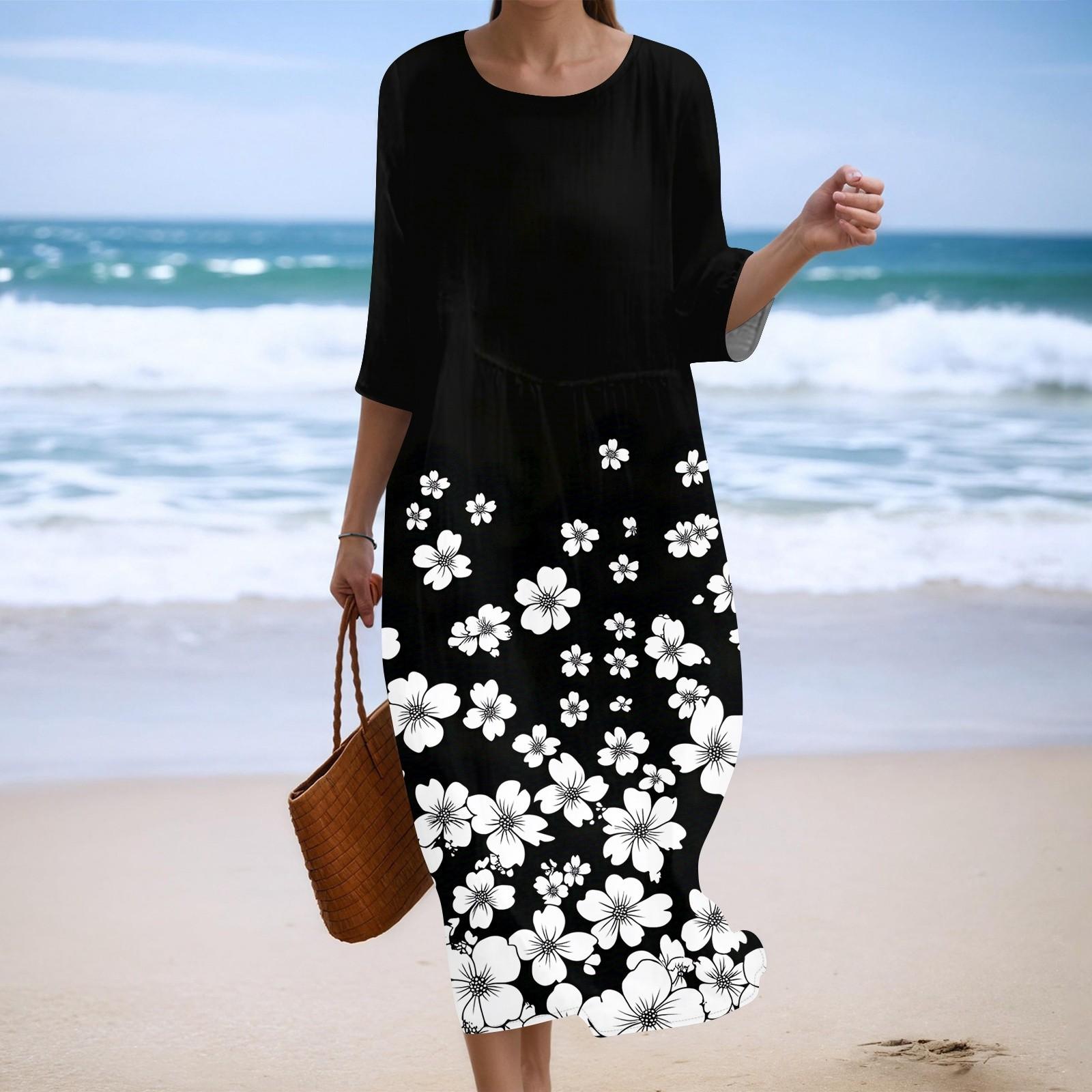 

Women s Fashionable Printed Round Neck Seven Quarter Sleeve Loose Dress S чёрный