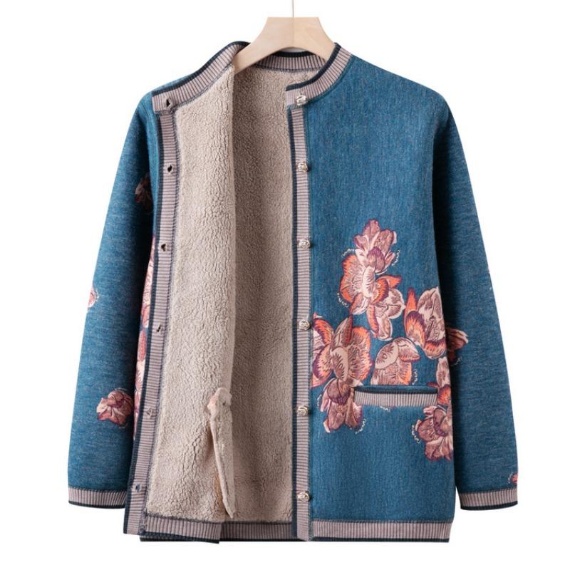 Middle-aged and Elderly People Fleece Warm Knitted Sweater Female Grandma Autumn and Winter Sweater Cardigan Mother Thickened Coat New