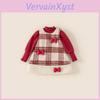 Red Top Bowknot Checkered Vest Skirt Christmas Set Children Autumn Clothing For Ages 3 To 8