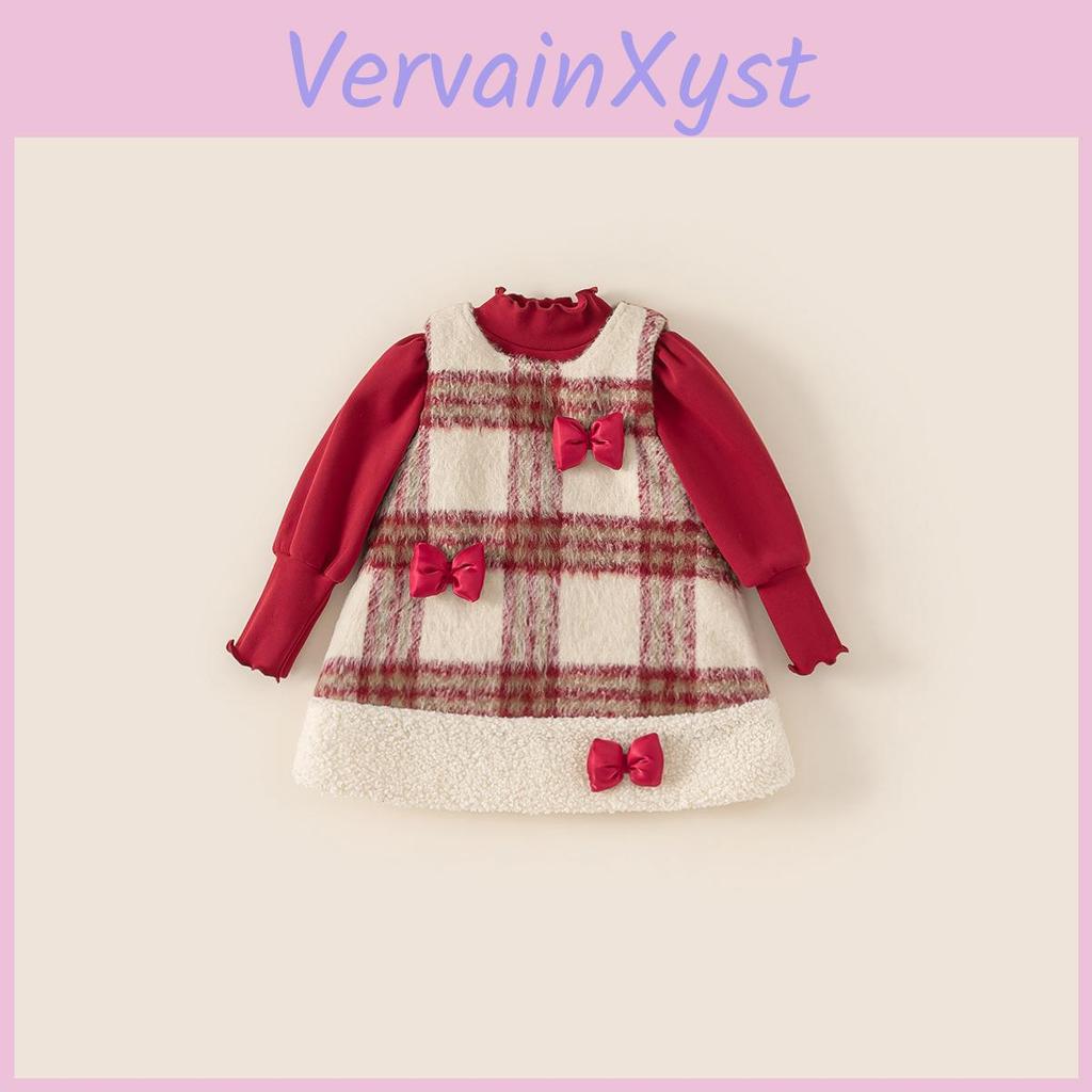 Red Top Bowknot Checkered Vest Skirt Christmas Set Children Autumn Clothing For Ages 3 To 8
