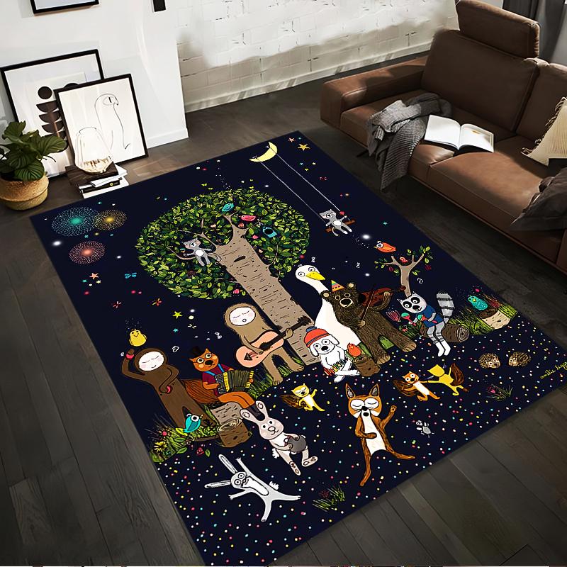 "Whimsical Animal Party Carpet with Tree, Night Sky, and Fun Designs" Suitable for use as an anti-slip for living room bedroom sofas