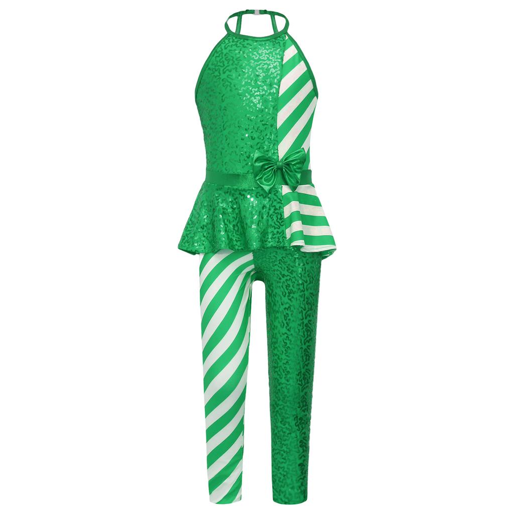 Girls Peplum Jumpsuit Christmas Costume Sleeveless Open Back High Waist with Sequins
