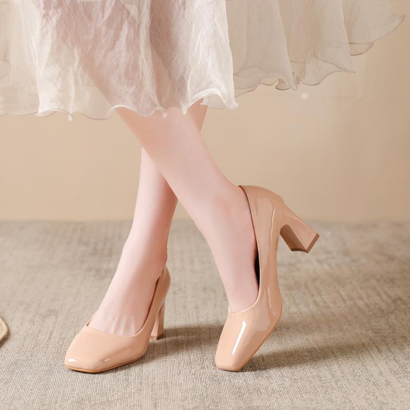 Metal Buckle Square Toe Patent Leather High Heels Autumn New Slip-on Non-Slip Wear-Resistant Block Heel Single