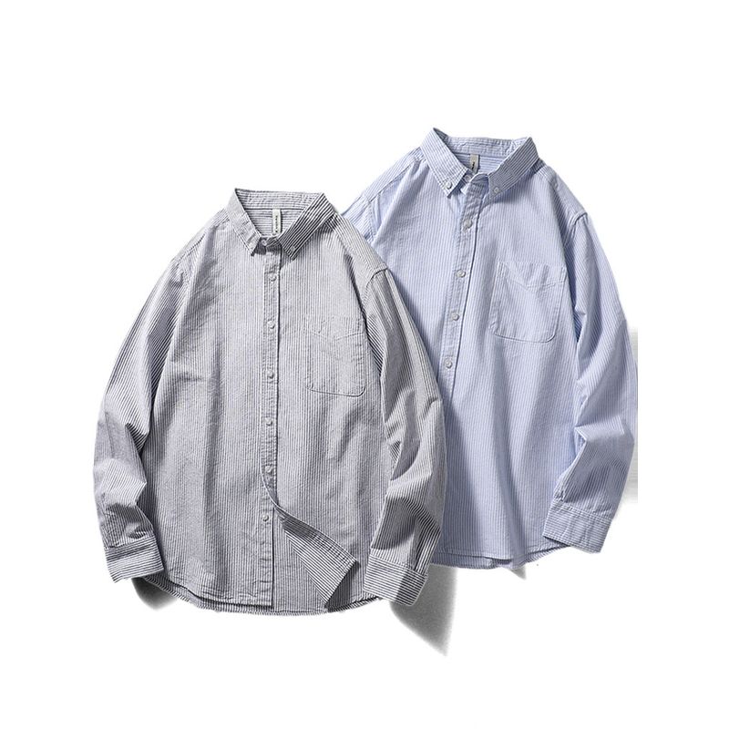 Japanese-Style Retro Long Sleeve Casual Oxford Striped Shirt