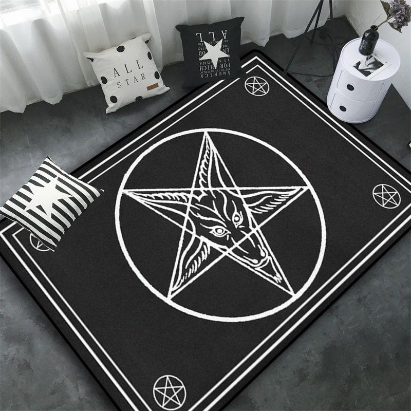 Triple Moon and Pentagram Altar or Tarot Witchy Floor Mat Black Witch Rug Gothic Decor Phases Divination Runic Carpet