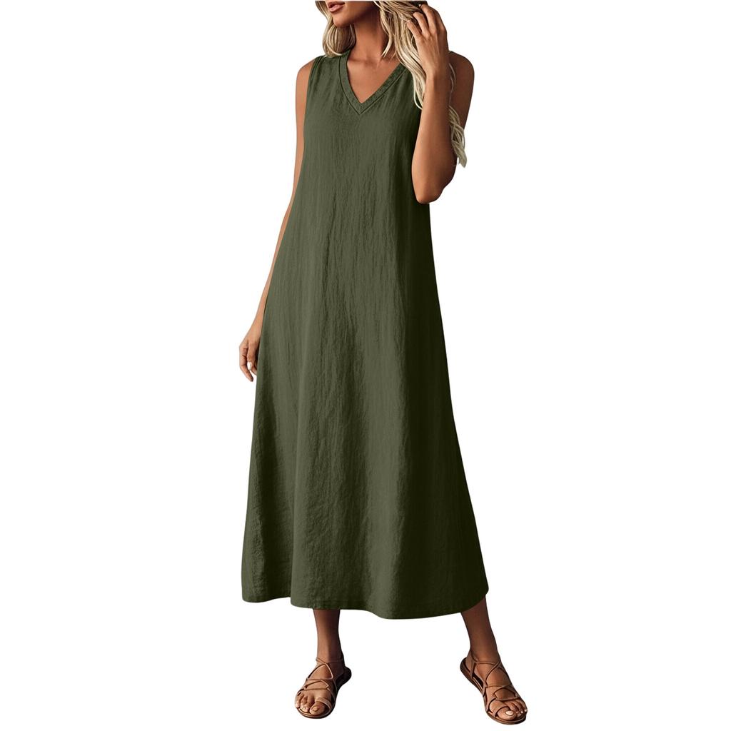 Women Sleeveless Casual V Neck Midi Dress with Zipper and Pockets Relaxed Fit Solid Color Tank Dress
