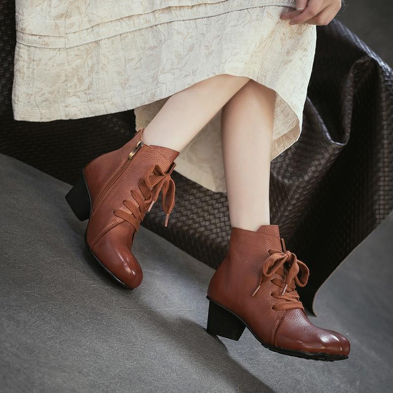 Johnature Genuine Leather Side Zipper Round Toe Coarse Heel Short Boots Versatile Women's Shoes