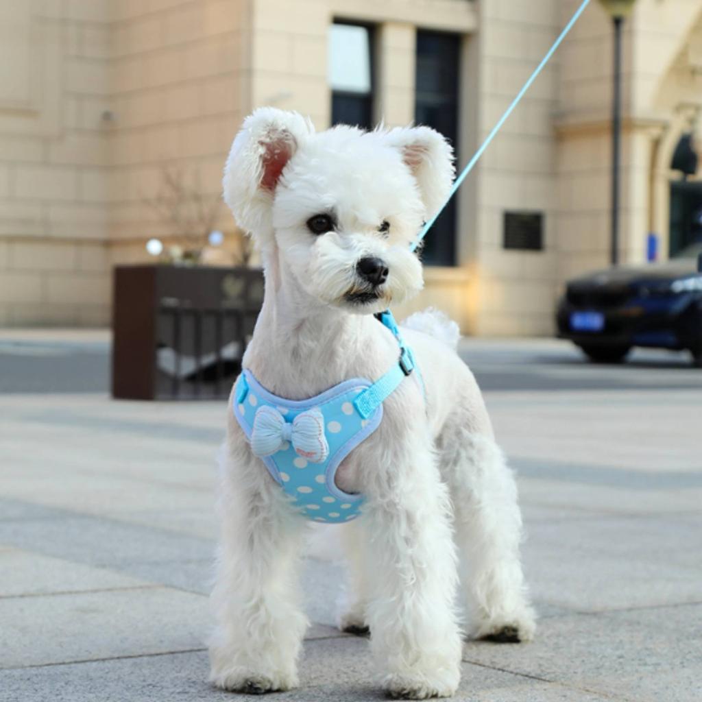 Bowtie Dog Harness Set Soft Pink Dotted Harness Pet Accessory Breathable Escape Resistant