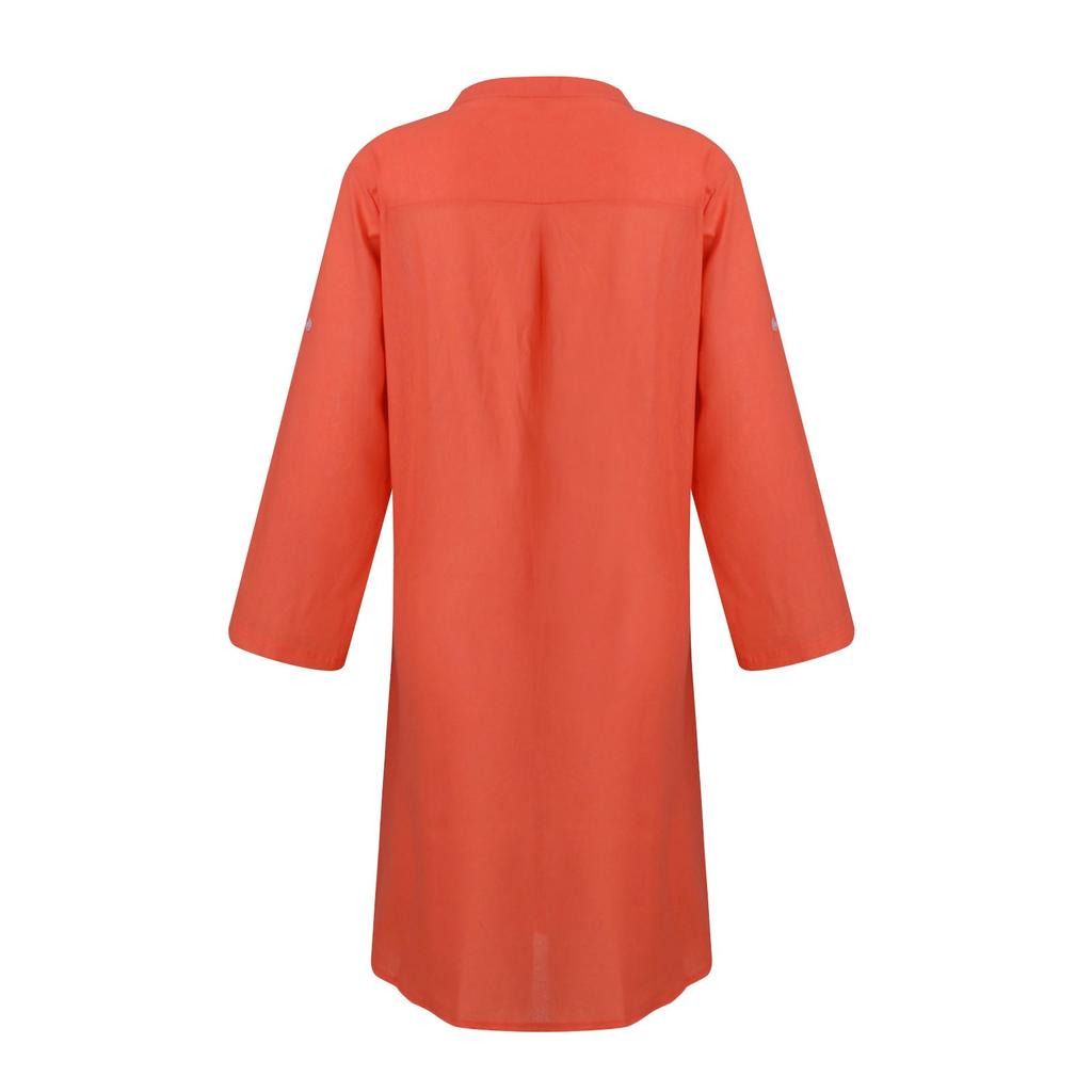 Women's Fashion Casual Temperament Crewneck Button Loose Cotton Hemp Color Dress