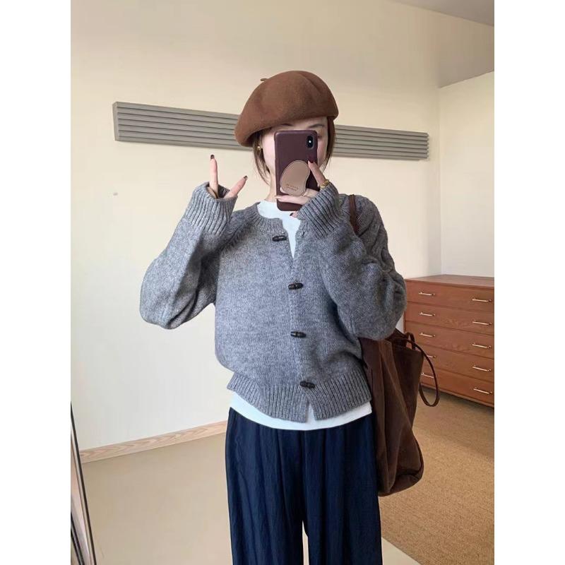New retro horn button sweater jacket for women's casual simple crew neck cardigan jacket for women