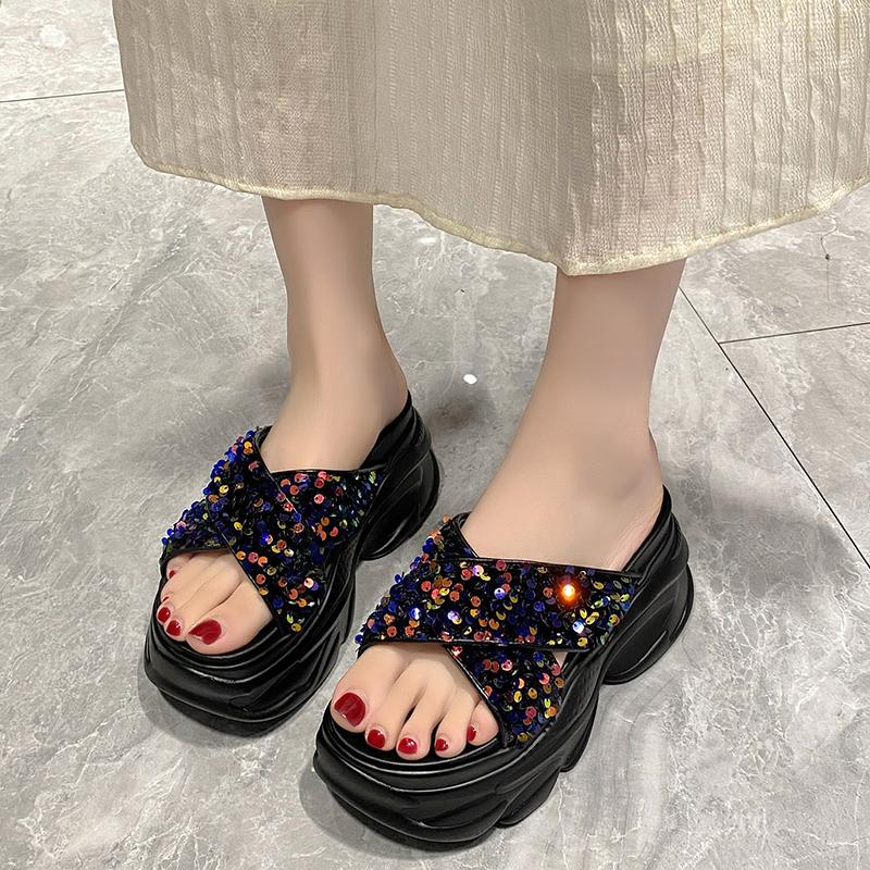 Fashion Ladies Sandals Woman 9CM Summer Open Toe Bling Sandal Dress Shoes Womens High Heels Sandals Platform Wedges Heeled Ladies