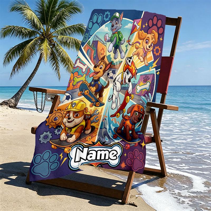 Custom Name Personalized PAW Patrol Print Beach Towel, for Trip Camping Beach Party Home Decor, Birthday Gift for Family & Friends