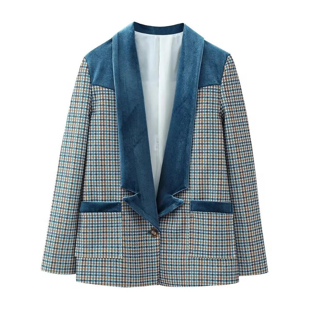 Spring and Autumn New Product Women's Fashion Simple Velvet Splice Embroidered Fabric Patch Long Sleeved Loose Suit Coat