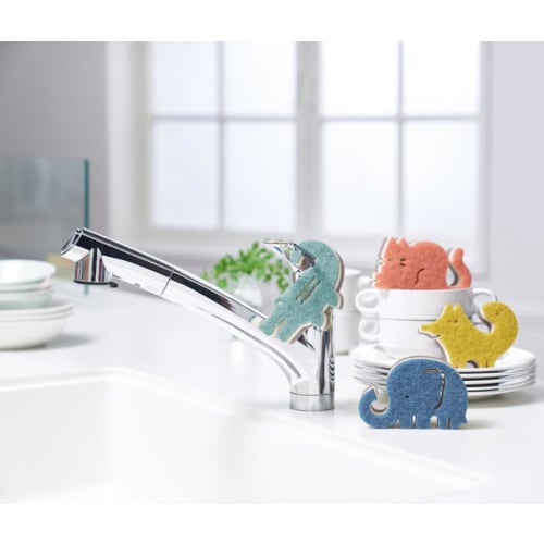 Set of 12 Animal Kitchen Sponges. Cute Animal Sponge Set with Thank You Stickers. Hang Them from Your Faucet for Cute Storage. Includes 3 Foxes, 3 Ele