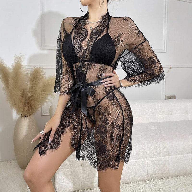 Sexy lace lace long slit mesh sex perspective long-sleeved pajamas robe