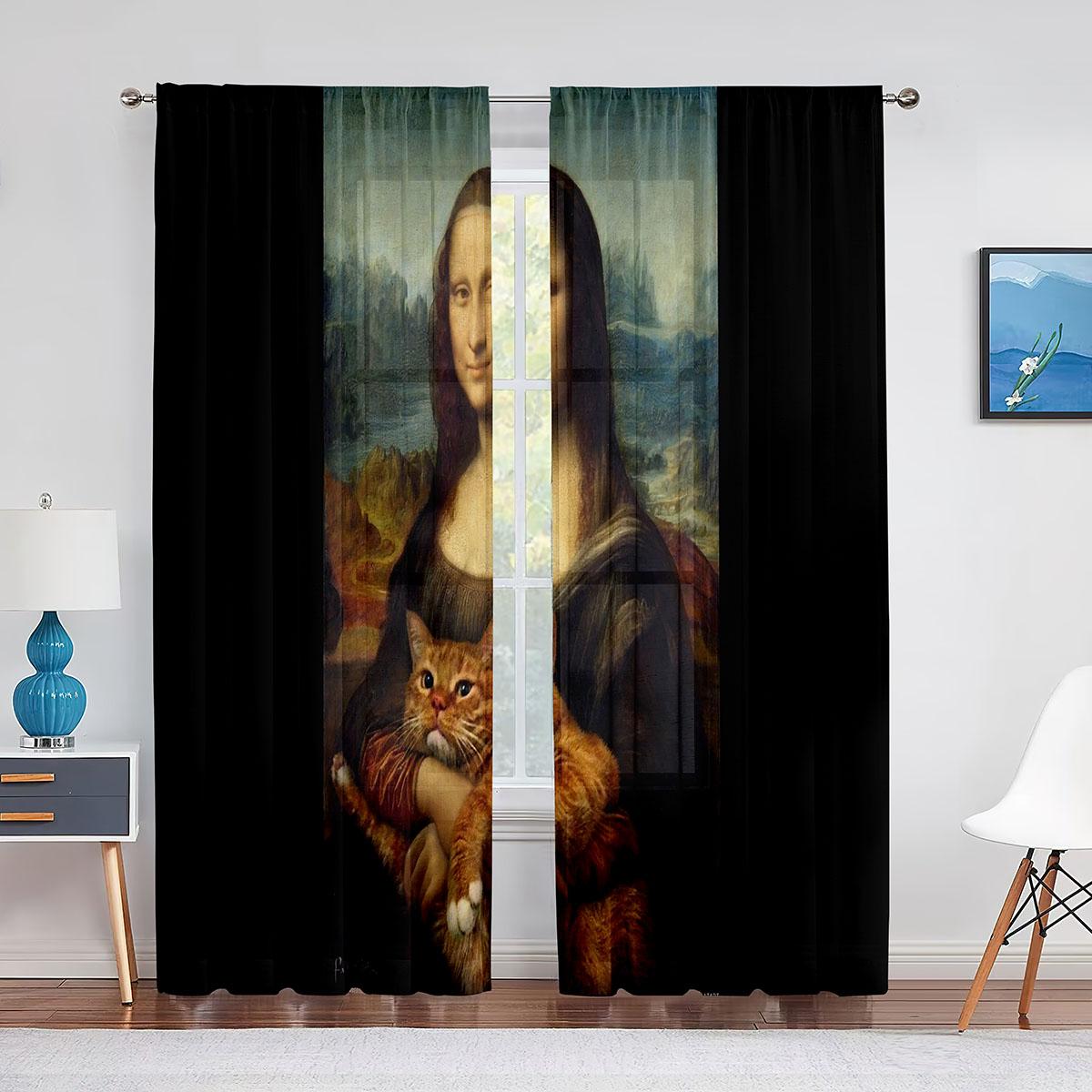 Тюлевая занавеска с изображением Моны Лизы и забавных котят для спальни — фото 14