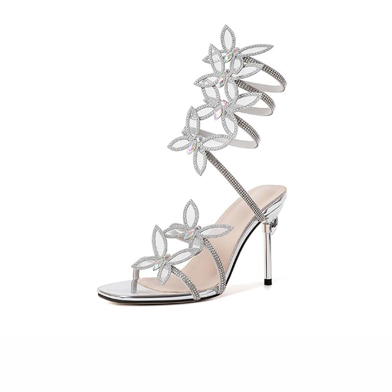 

Fashion Luxury Satin Silk Crystal Butterfly-knot Ankle Strap Sandals Woman Sexy Square Toe Stiletto High Heel Rhinestone Evening Shoes 35