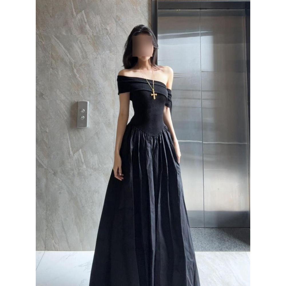 Female summer tall temperament slim long dress to ankle super long black one-word shoulder dress
