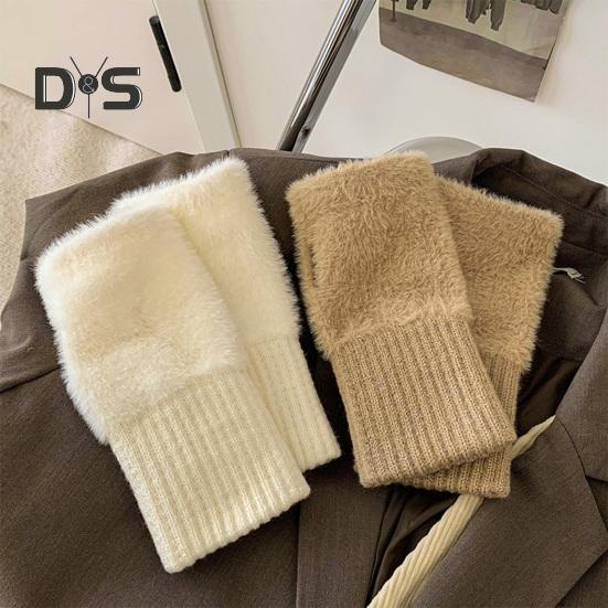 1 Pair Women Winter Gloves Half-finger Thick Plush Elastic Warm Heat Retention Non-slip Windproof Wrist Protection Cycling Riding Mittens