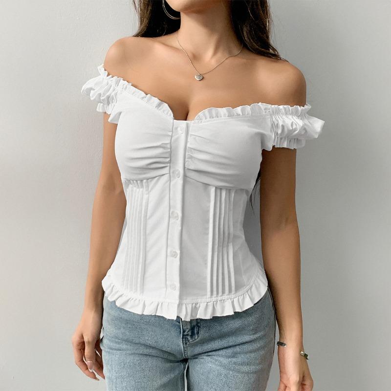 Summer Short Sleeved Rufffled Women Vest Sweet Slim Fit Blouse Solid Color Simple Pleated V Neck Shirts Fashion Elegant Women's Clothing