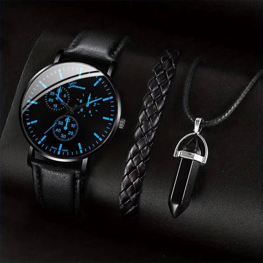 

3PCS/Set Men Business Watches Casual Leather Band Analog Male s Quartz Watch Necklace Bracelet Set
