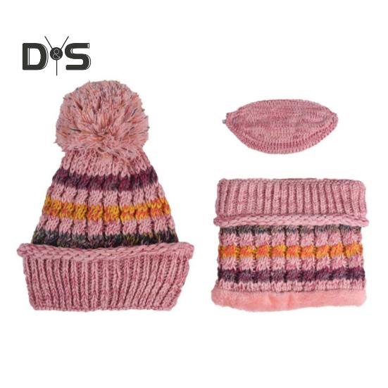 3Pcs/Set Knitting Hat Scarf Set Thickened Plush Lining Furry Ball Decor Beanie Hat Neck Warmer Detachable Face Guard Set