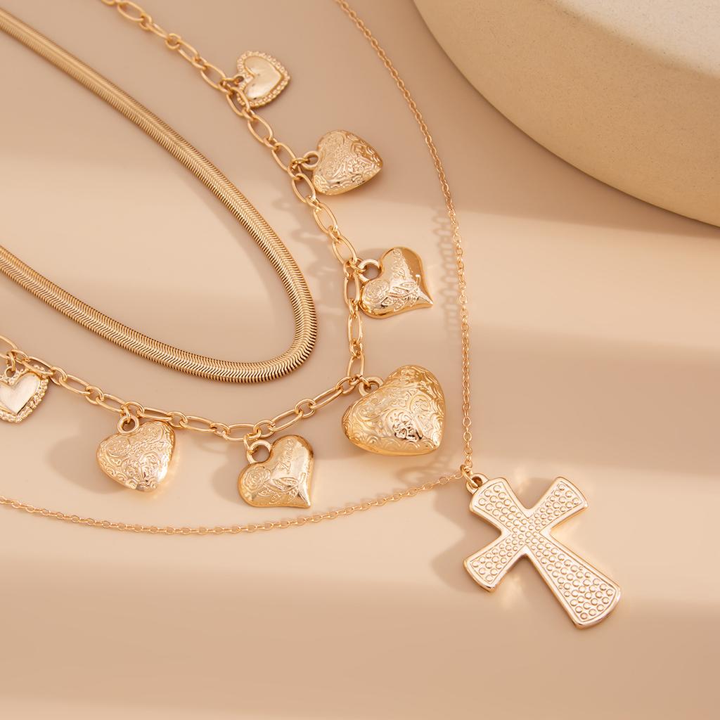 3pcs/set Cross Heart Pendant Necklace Herringbone Snake Chain Choker Accessories