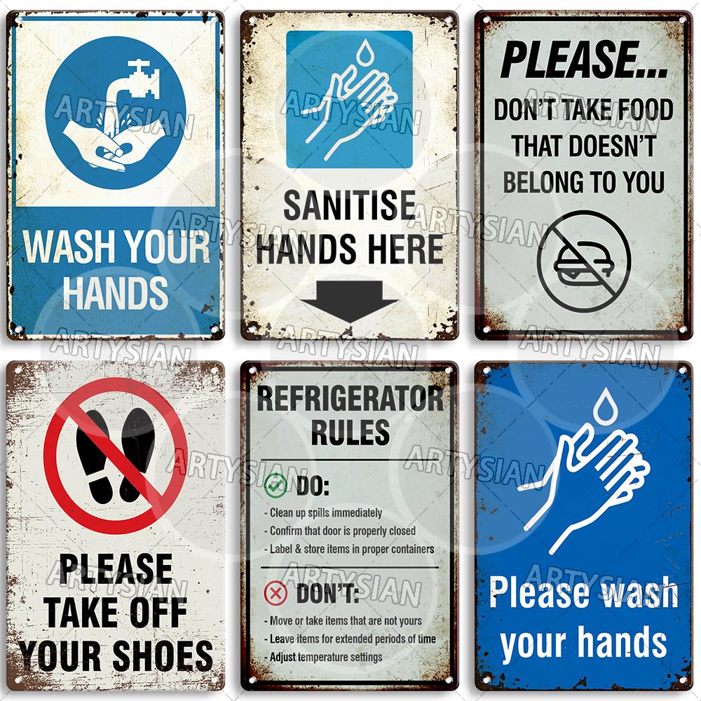 Hygiene Metal Sign No Shoes No Food Drink Restaurant Office School Public Space Plaque Wash Your Hand Sanitizer Keep Clean Sign