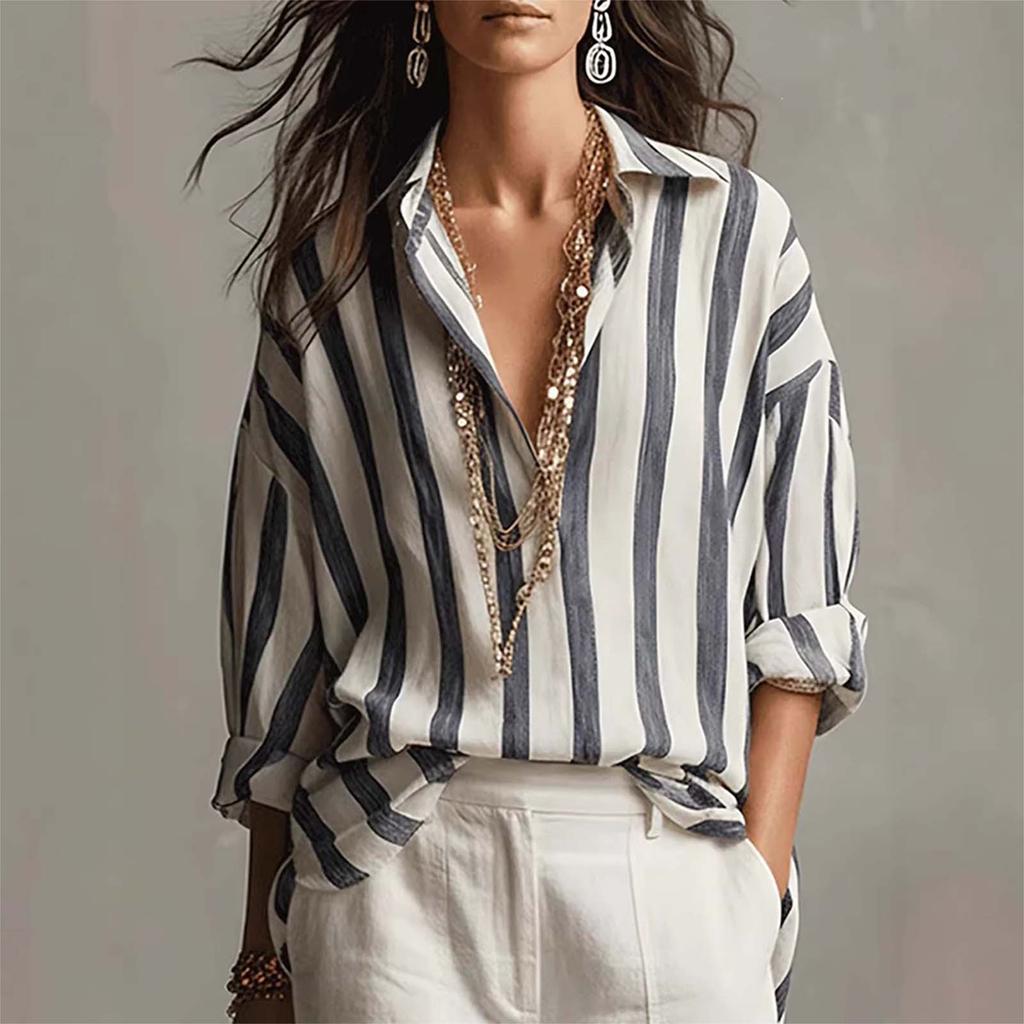 Women's Striped Long Sleeve Button Down Shirt for Casual Daily Wear