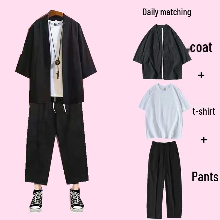 Retro National Style Hanfu Shirt: Trendy Men's Taoist Robe with Three-Quarter Sleeves for Spring and Autumn