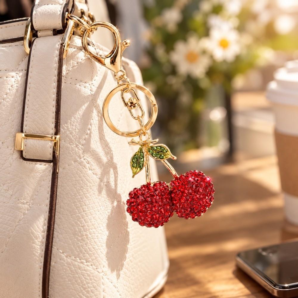 2pcs Sparkling Finish Cherry Keychain Red & Pink Key Ring Pendant Fruit Bag Charm  For Car Accessory