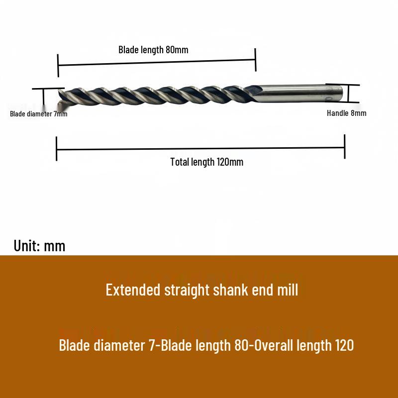 High-Speed Steel Extended Straight Shank Three-Flute End Mill, 2.5-10mm, White Steel