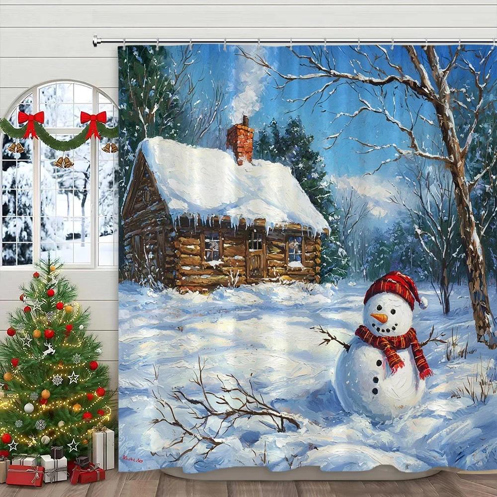 Pink Christmas Printed Shower Curtain Cute Snowman and Christmas Tree Gift Polyester Shower Curtains Bathroom Decor with Hooks