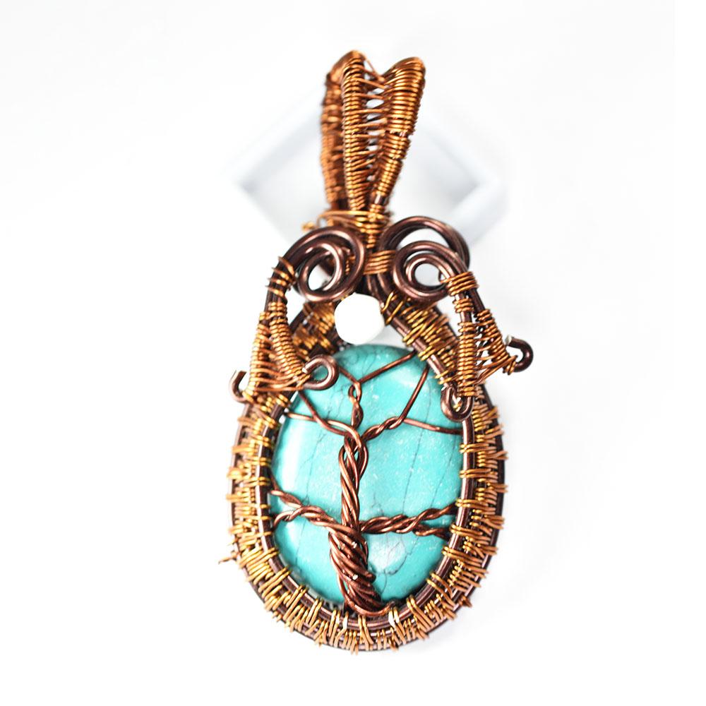 

79 Ct Certified Natural Blue Turquoise Copper Wire Wrapped Oval Cut Pendant 76.5 mm approx. синій