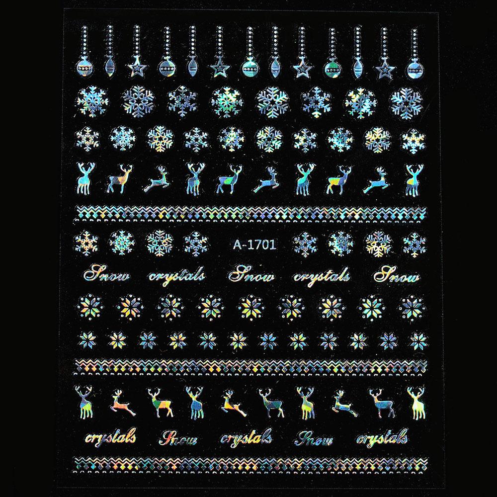 

3D Лазерные Серебристые Наклейки для Ногтей на Рождество с Оленями и Снежинками